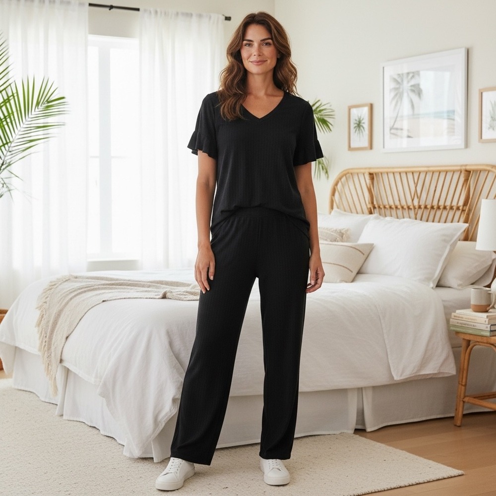 Comfort Code by Cuddl Duds Black Ruffle Sleeve Pajama Set XS Loungewear